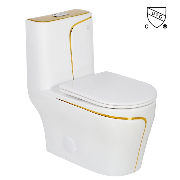 Modern Luxury Style Bathroom Dual Flush Gold Line White One Piece Elongated Toilet 
