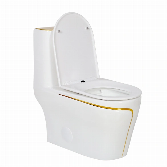 Modern Luxury Style Bathroom Dual Flush Gold Line White One Piece Elongated Toilet 